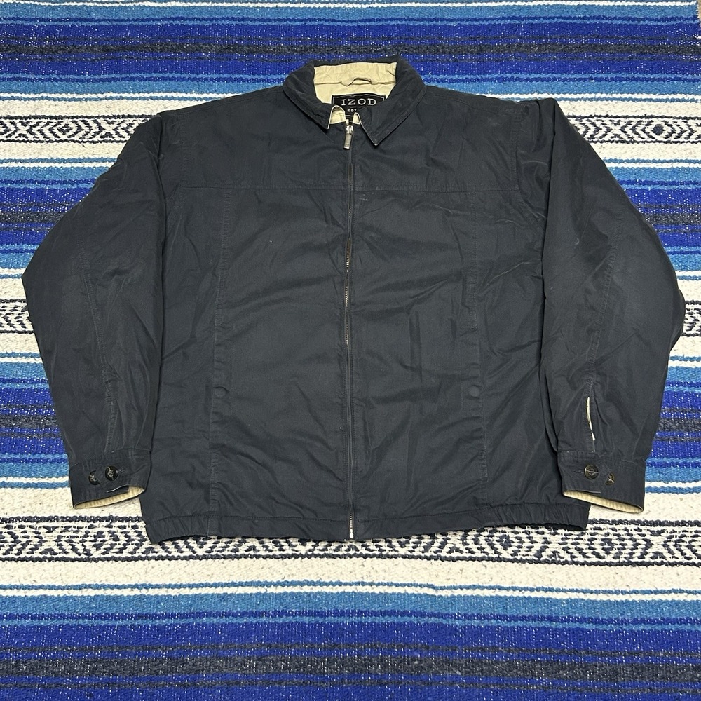 Vintage IZOD Men's Large Black Harrington Jacket Full Zip Lightweight Lined